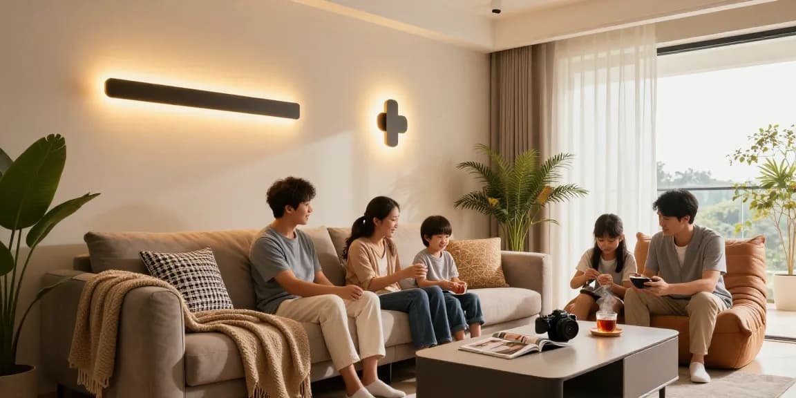 Aplice LED moderne într-un living elegant, iluminare ambientală caldă și familie fericită.