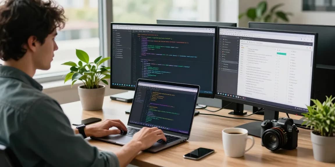 Build internal tools with AI in a tech workspace showcasing a developer coding and collaborating with modern tools.