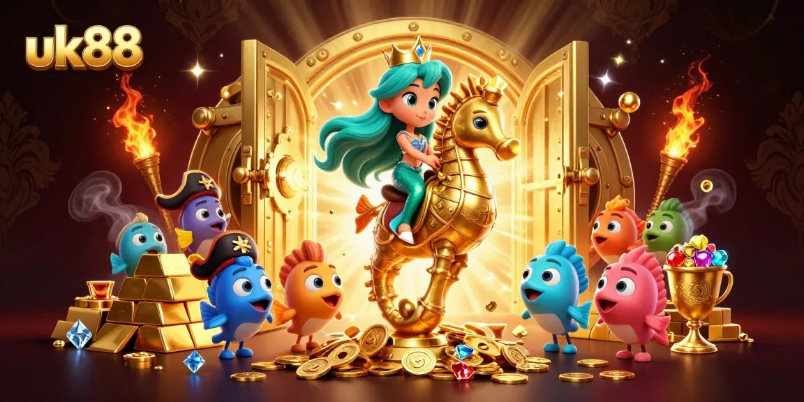Gamble with uk88 and win big where the mermaid princess rides a seahorse in a treasure-filled underwater land.