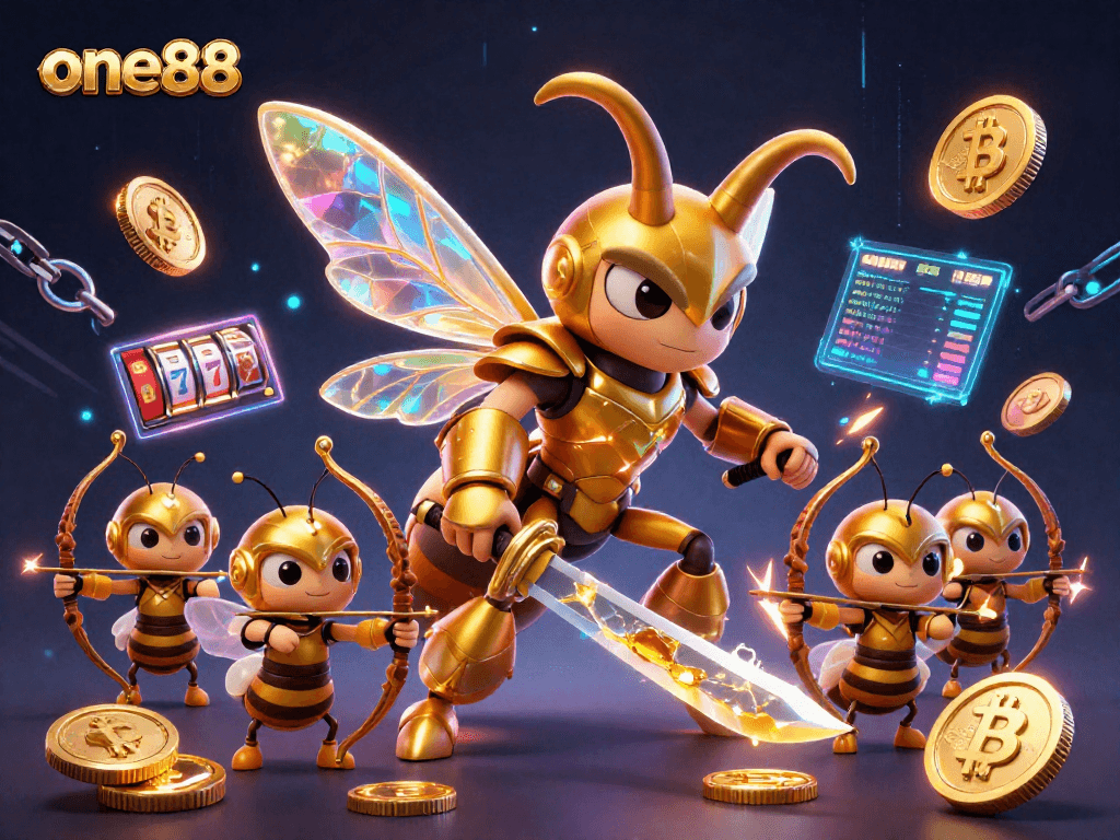 Experience thrilling gameplay with one88 at this vibrant, action-packed scene featuring a gold hornet and crypto elements.