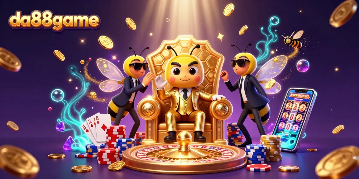 da88game's vibrant casino scene with a bumblebee mob boss and golden gaming elements amid rich colors.