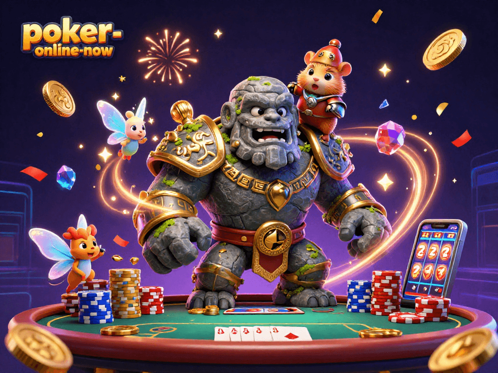 Engage in thrilling action at poker-online-now with vibrant casino elements and animated characters.