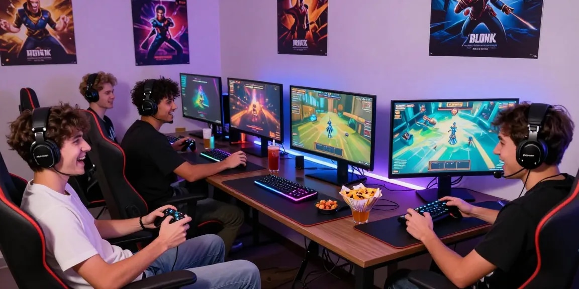 Engaged players enjoying a porn game on their computers in a lively game room.