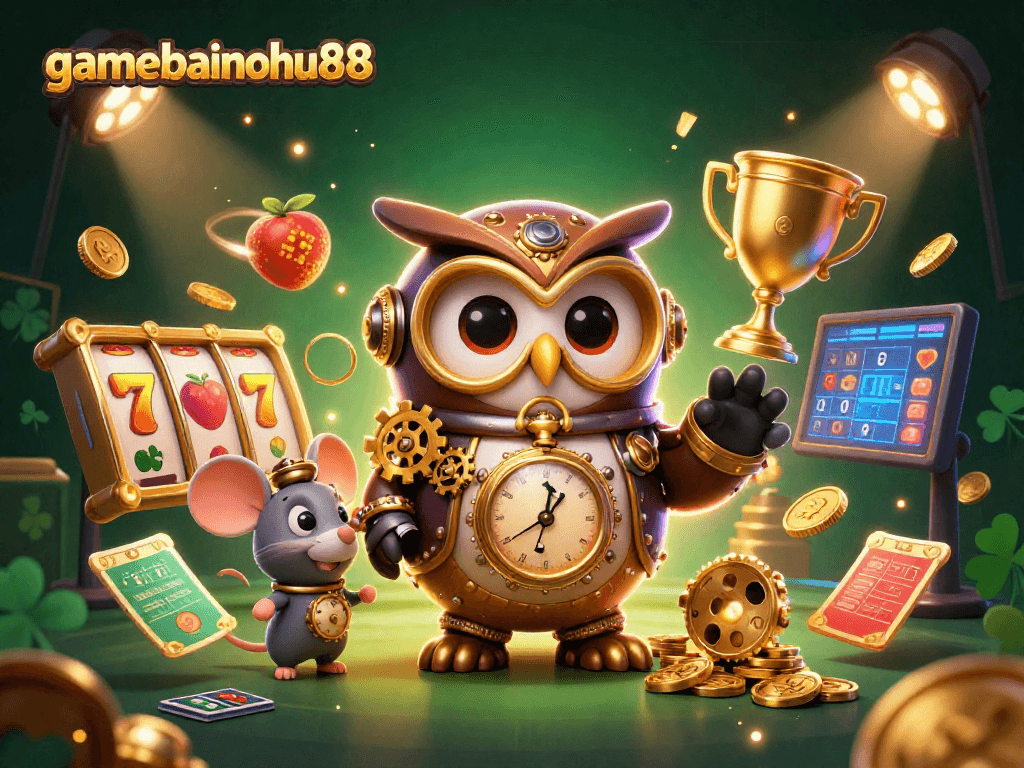 Play slots and win big with gamebainohu88 featuring a magical owl and rich casino elements.