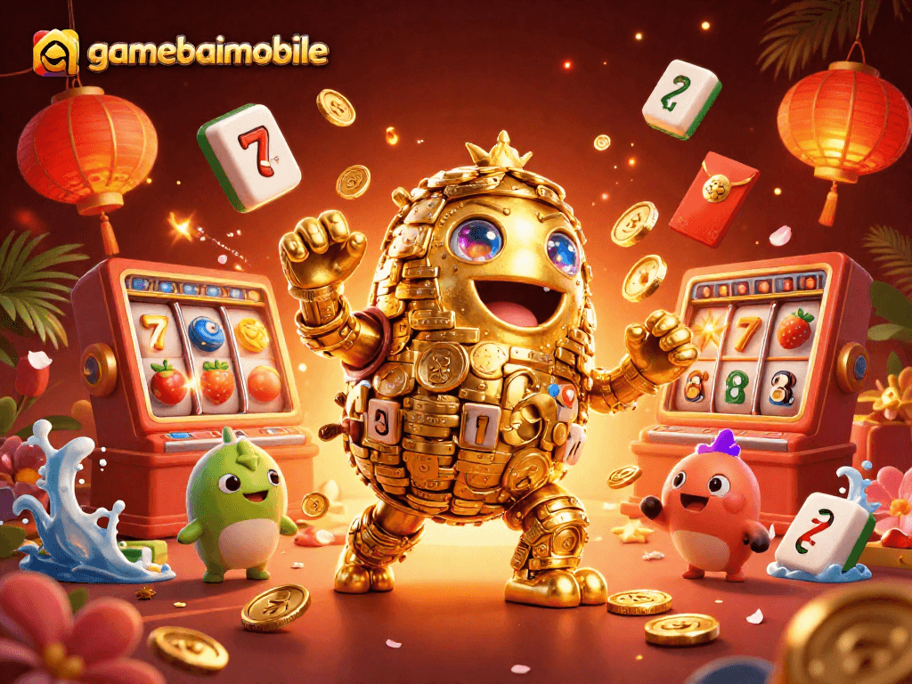 Engage with gamebaimobile's thrilling slot action featuring an animated golden golem and vibrant slot elements.