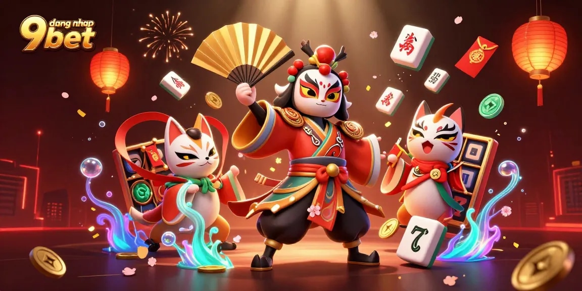 Experience thrilling gameplay with dang nhap 9bet as vibrant casino characters engage amidst slot game elements.