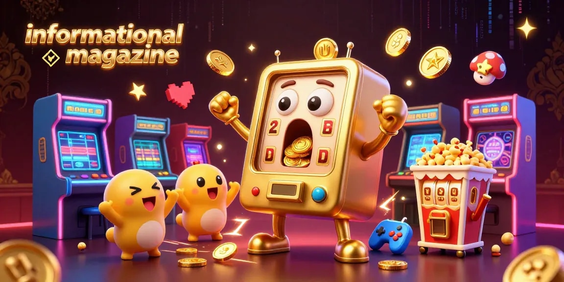 Engaging illustration in an informational magazine depicting a golden slot machine winning big with cheerful mini-slot machines.