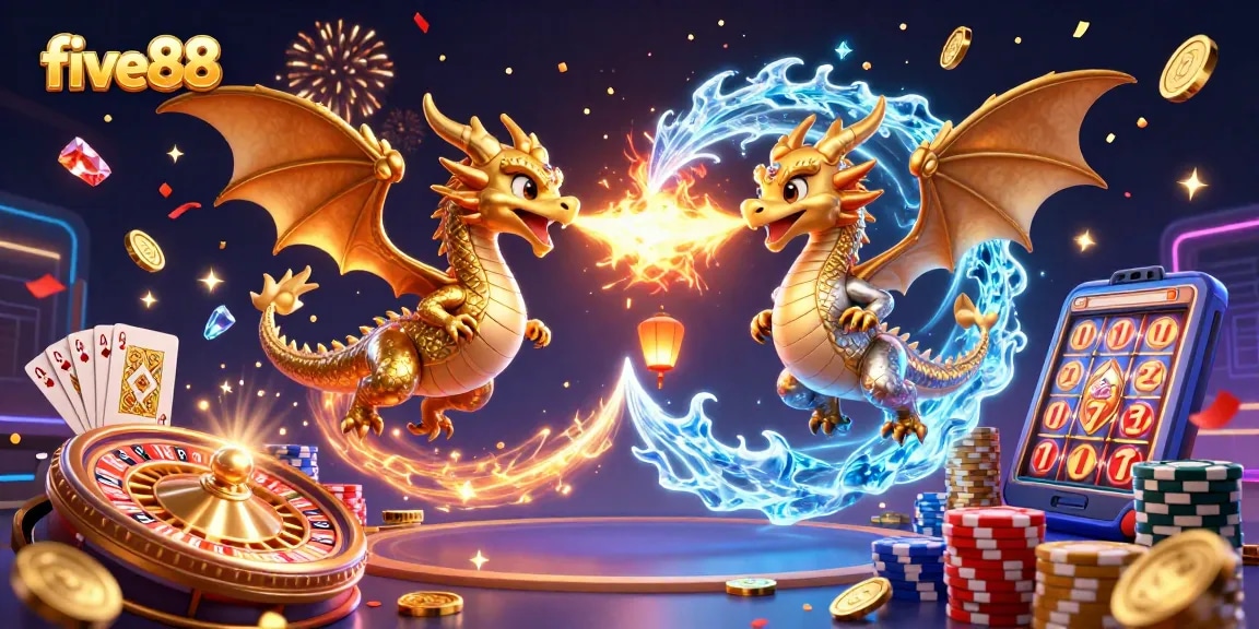 Experience thrilling gaming moments with five88's dynamic dragon scene, featuring gold and silver dragons breathing fire and ice.