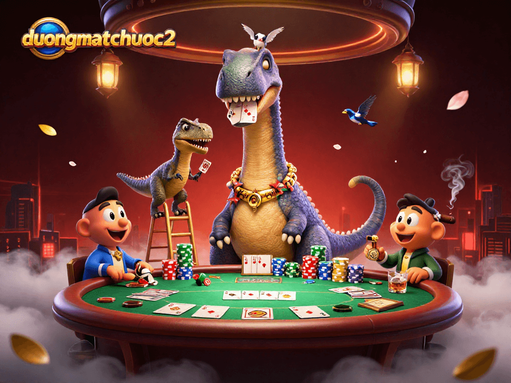 Engage in dynamic duongmatchuoc2 with a vibrant casino scene featuring a colossal brontosaurus and clever raptor.