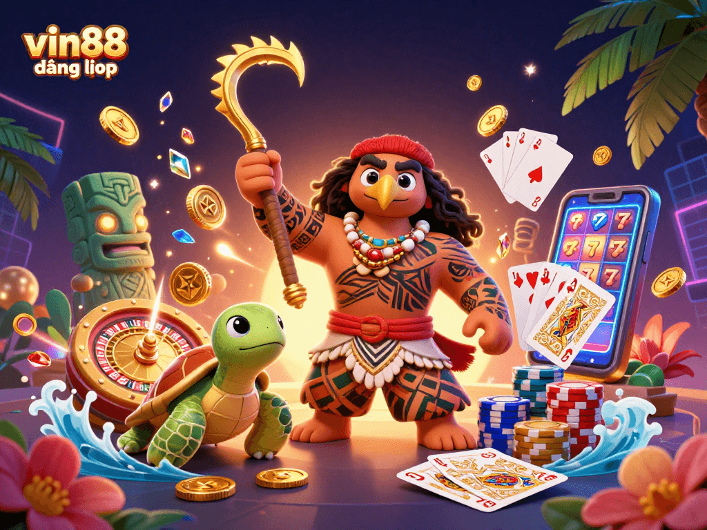 Spin to win with vin88 đăng nhập as the demigod and turtle celebrate in a vibrant casino scene.