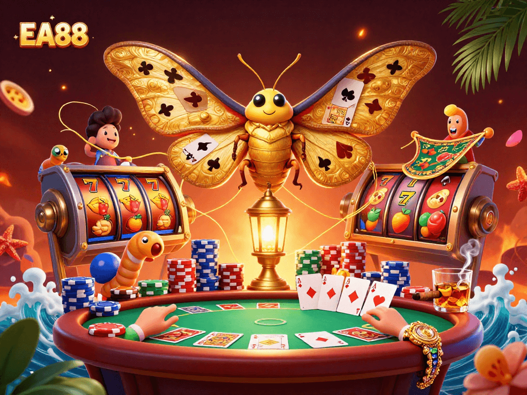 Engage with the thrilling EA88 casino experience surrounded by golden moths, poker chips, and slot reels.