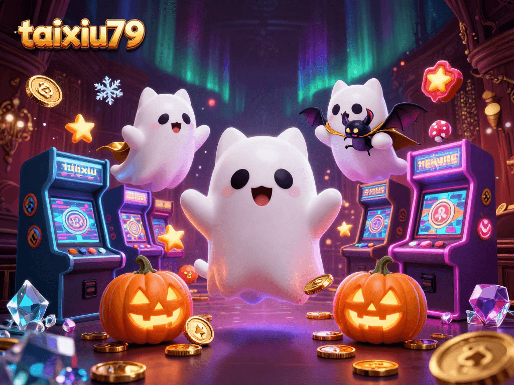 Experience taixiu79 thrills with a ghost cat and bat in a glowing casino ambiance.