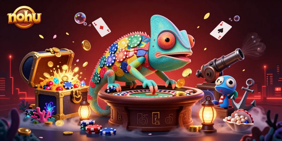 Nohu captivates gamblers with a chameleon casino owner snapping golden coins amid underwater treasures.