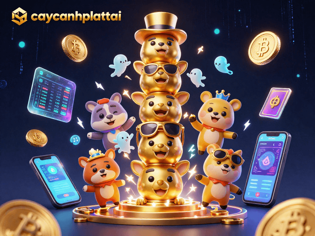 Engage with caycanhphattai by exploring the vibrant 3D casino illustration showcasing a golden totem pole and crypto elements.