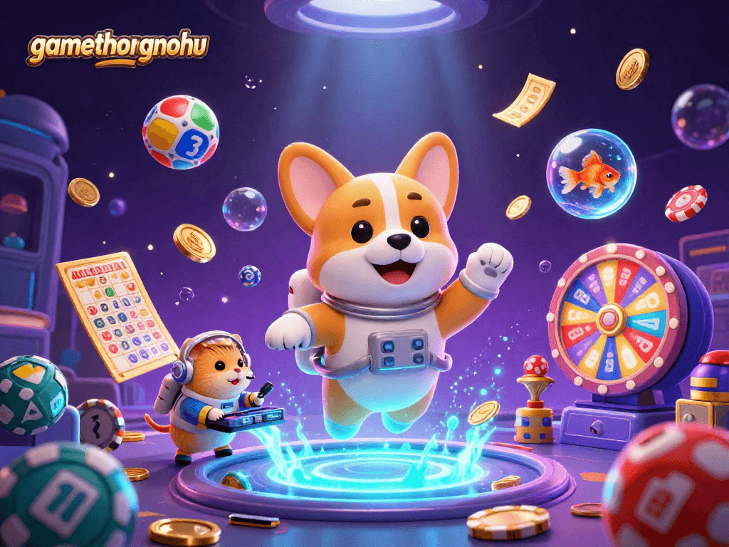 Gamethuongnohu creates an exciting cosmic casino scene with a corgi astronaut and vibrant games.