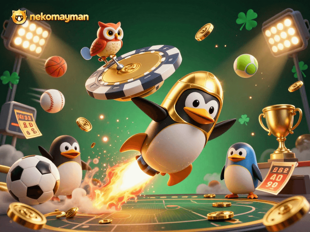 Experience thrilling gameplay with nekomayman, illustrated in a dynamic casino-themed 3D scene filled with action.
