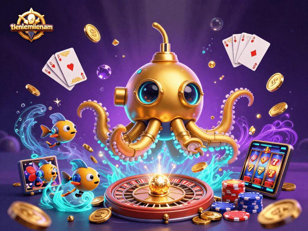 Engage with the thrilling world of tienlenmiennam as the kraken submarine emerges from golden coins in this vibrant depiction.