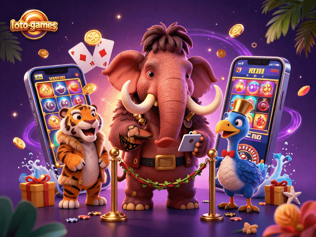 Engage in exciting loto-games with a dynamic casino scene featuring vibrant characters and thrilling elements.