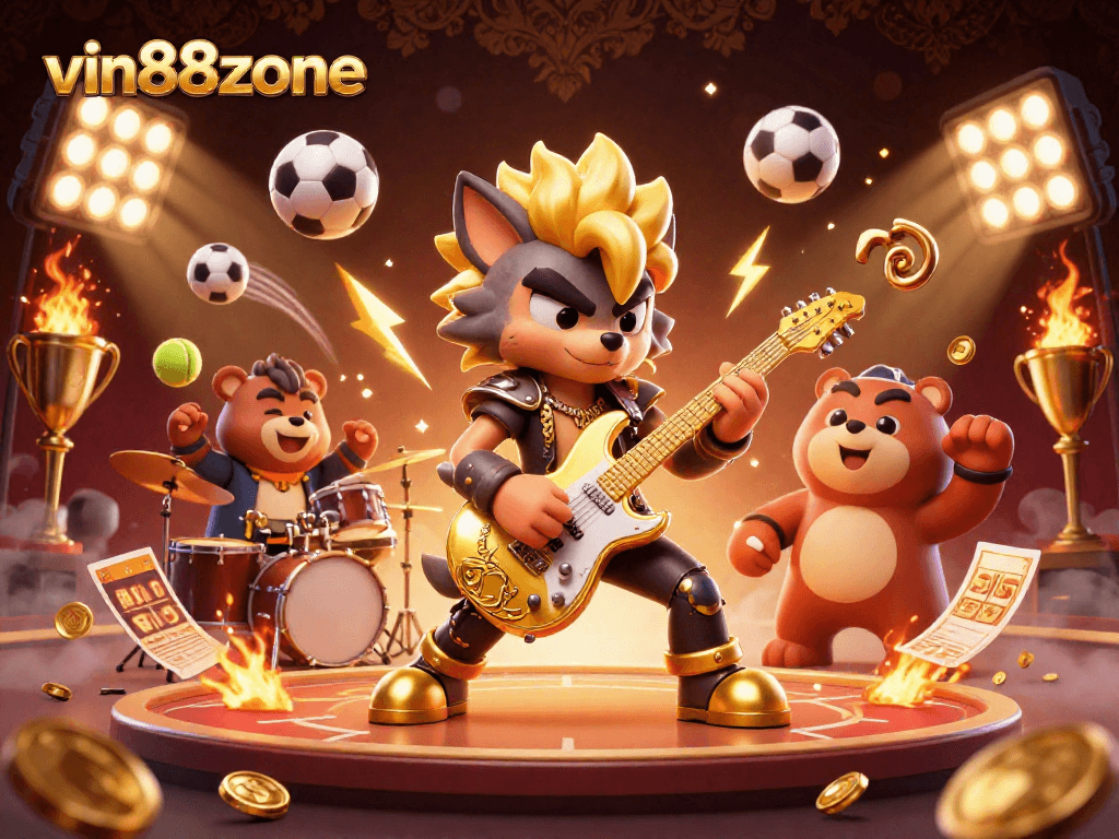 Join the excitement of vin88zone with a dynamic 3D cartoon illustration of a rock star wolf.