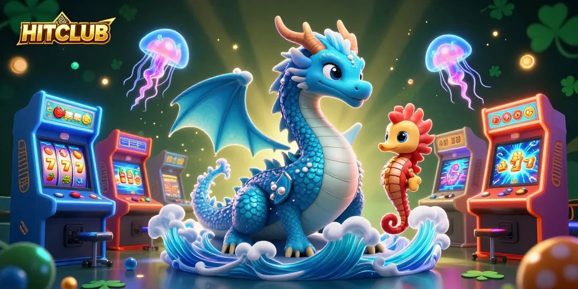 Engage in HITCLUB's vibrant gaming world with a captivating scene of mythical creatures and casino excitement.