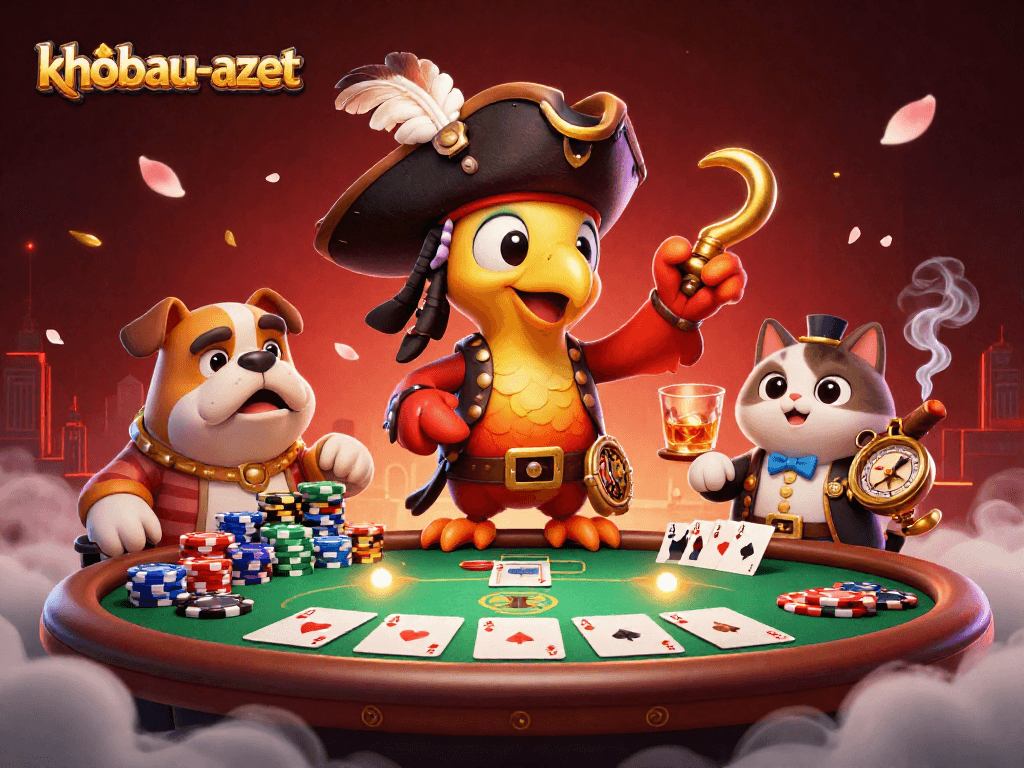 Engage with khobau-aztec at a vibrant poker scene featuring a parrot captain and colorful poker elements.