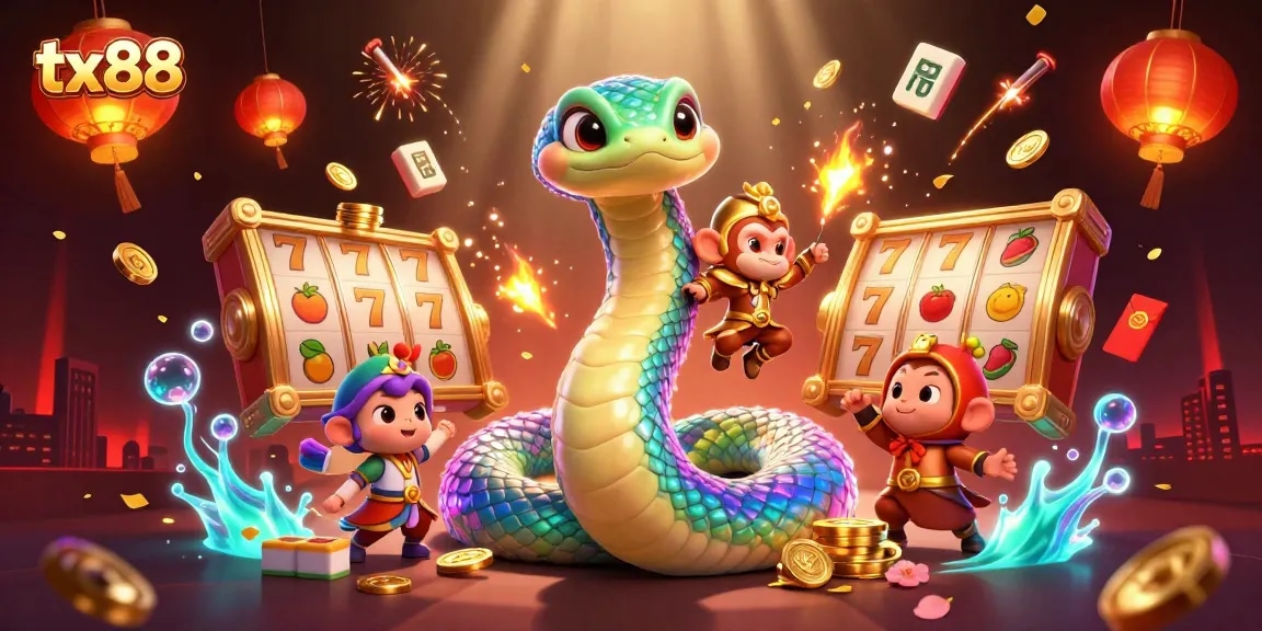 Engage with tx88 in a vibrant 3D casino scene featuring a colorful serpent and gaming elements.