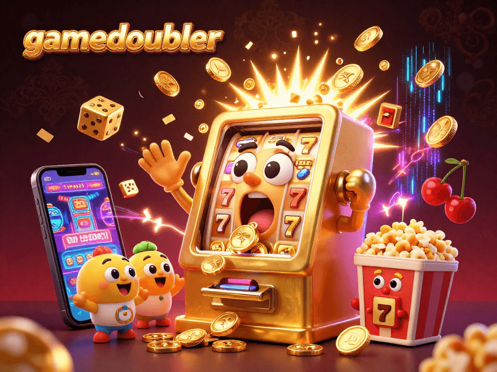 Experience the excitement of gamedoubler with a vibrant 3D illustration of a slot machine jackpot celebration.
