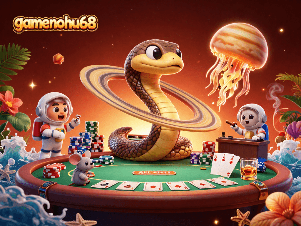 Engage with gamenohu68 in a vibrant cosmic casino scene featuring dynamic gambling elements.
