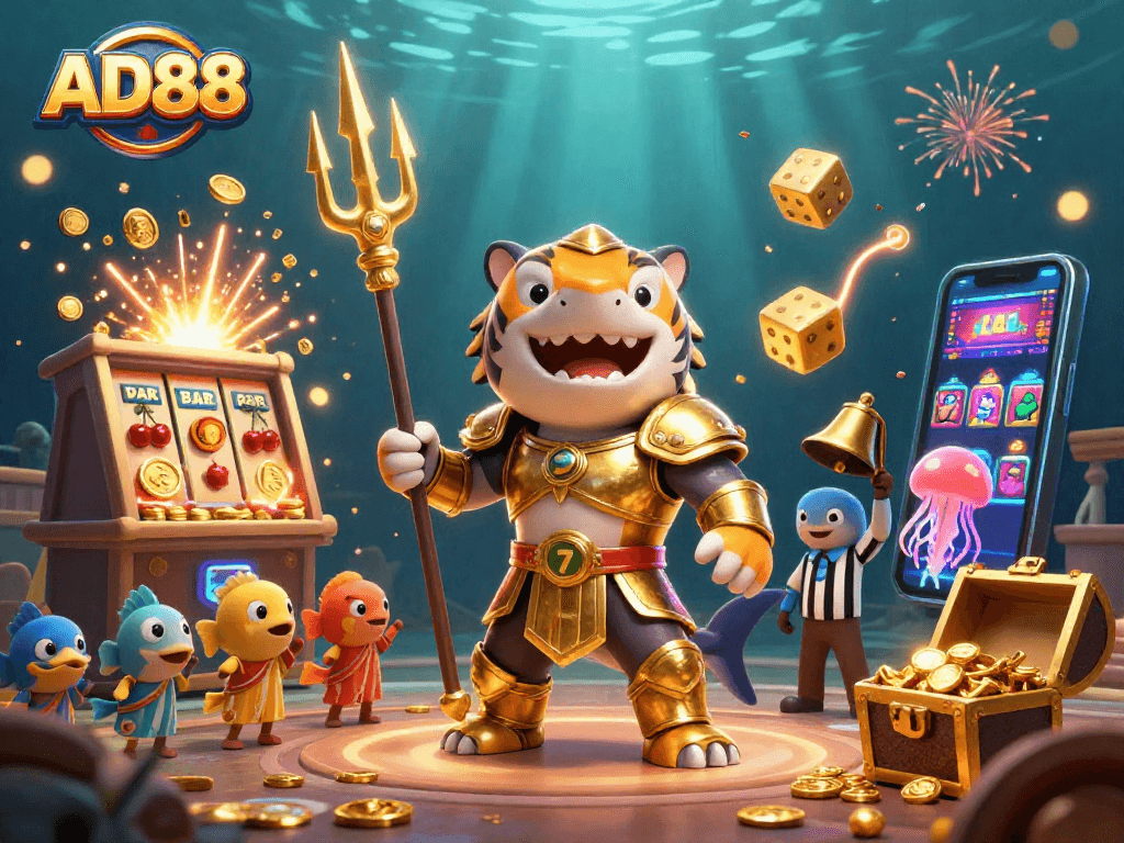 Experience thrilling underwater casino action with AD88's vibrant character scene and dynamic game elements.