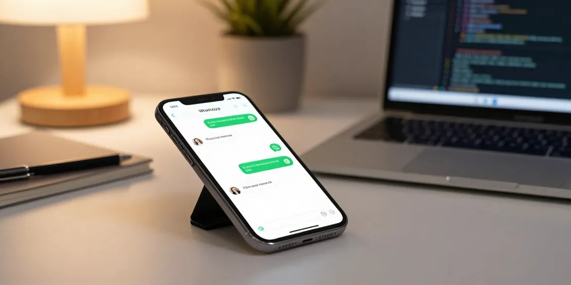 WhatsApp下載 interface displayed on a modern smartphone in a minimalistic workspace.
