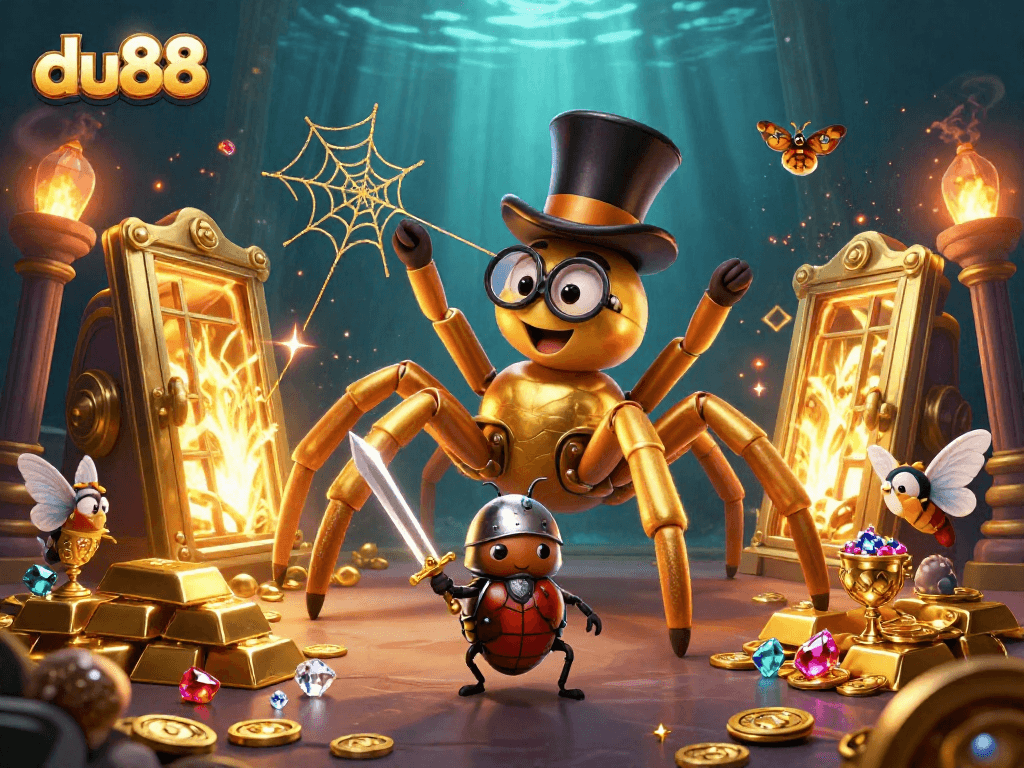 Engage in thrilling bets with du88, represented by a golden tarantula and brave beetle knight in a vibrant casino world.