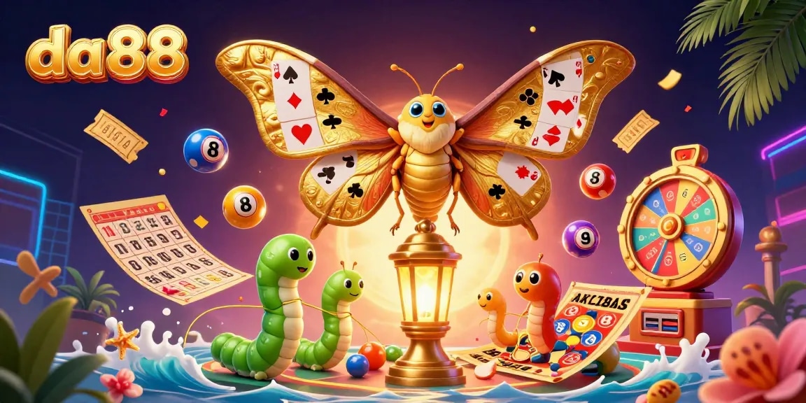 Experience the excitement of da 88 with a vibrant 3D illustration showcasing golden moths and casino elements.
