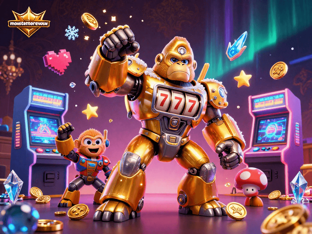 Join the adventure with the monstertowerreview as a golden gorilla mech wins big in a dazzling casino setting!