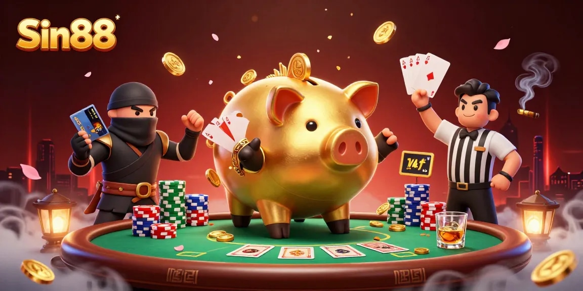 Sin88 showcases a lively gambling scene with a golden piggy bank sumo wrestler, poker elements, and dynamic action.