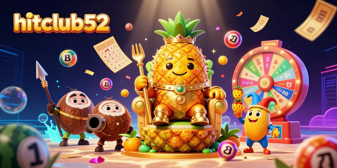Engage with hitclub52 in a vibrant casino scene featuring dynamic lottery balls and a golden pineapple king.