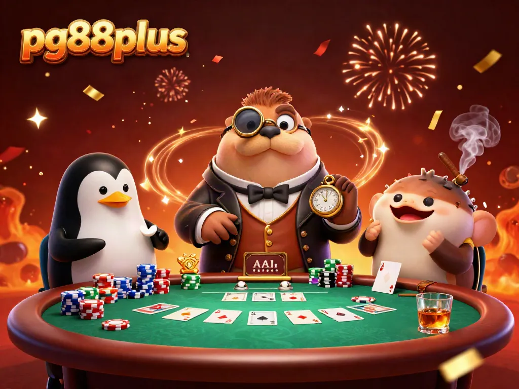 Engage in thrilling poker action with pg88plus featuring a jolly walrus and animated players at an underwater casino scene.