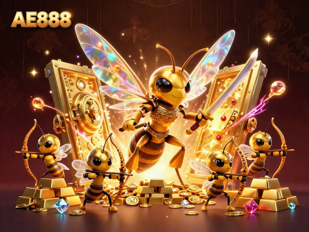 Experience the excitement of AE888 with a vibrant 3D casino scene featuring golden hornets and treasure.
