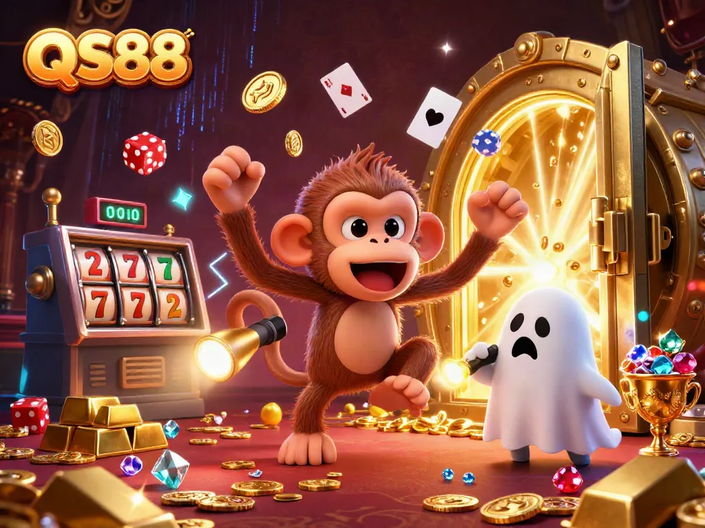 Experience the excitement of QS88 in a vibrant 3D casino scene with treasures and playful characters.