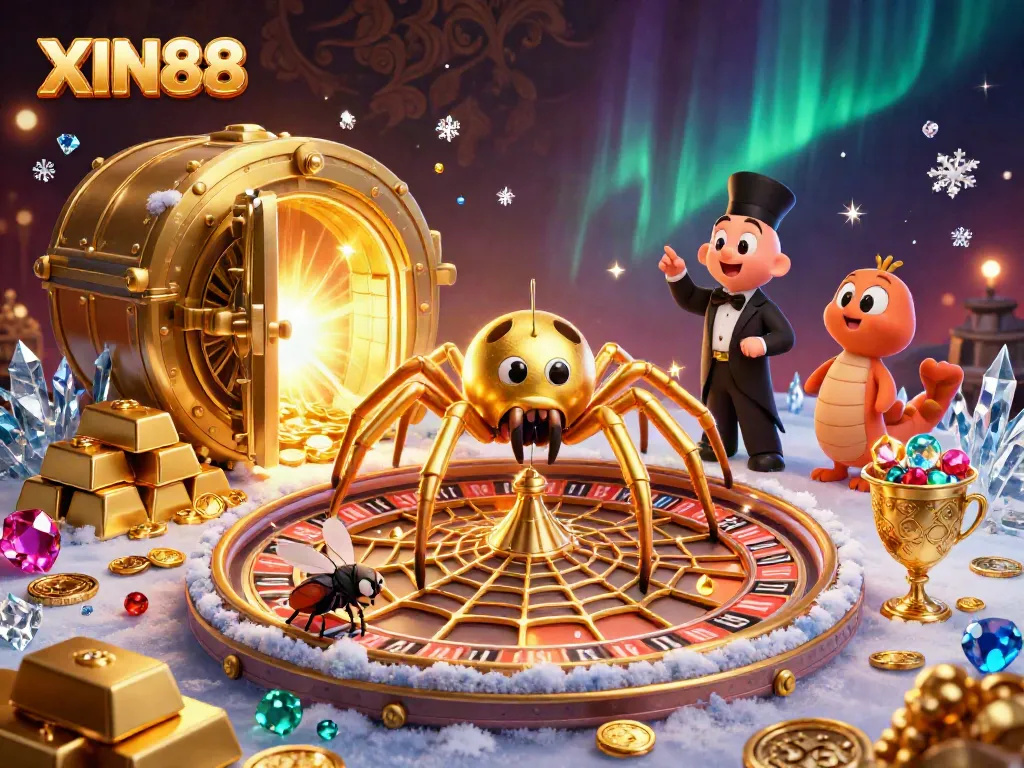 XIN88 features a golden spider spinning a roulette wheel web with a fly betting nervously.