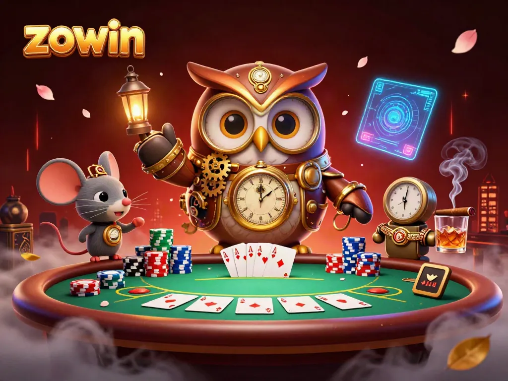 Engage in thrilling action at Zowin Casino with vibrant cards and chips surrounding animated characters.