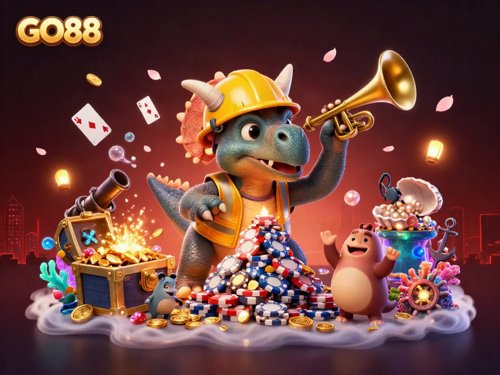 Experience GO88 with a vibrant 3D illustration of fun characters building a poker chips pyramid, representing excitement and celebration.