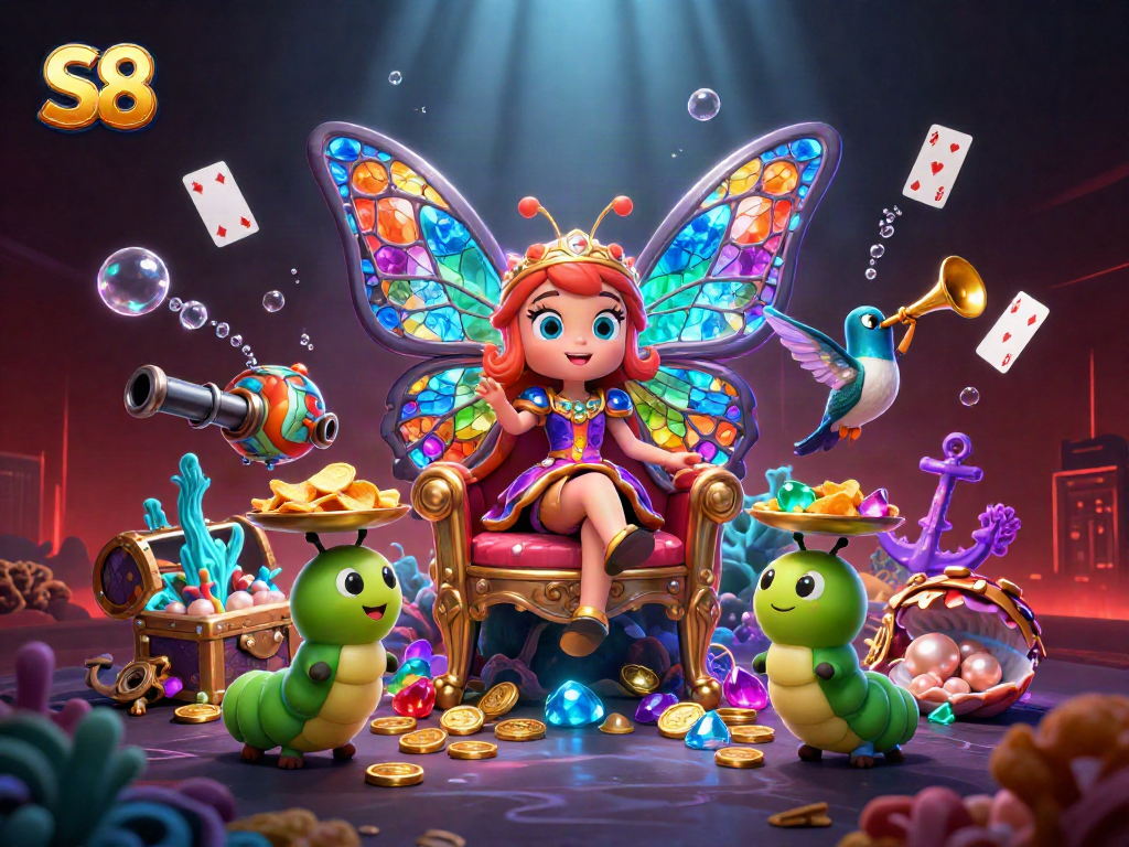 Engage with the vibrant S8 casino world, showcasing a butterfly queen and treasure-filled underwater elements.