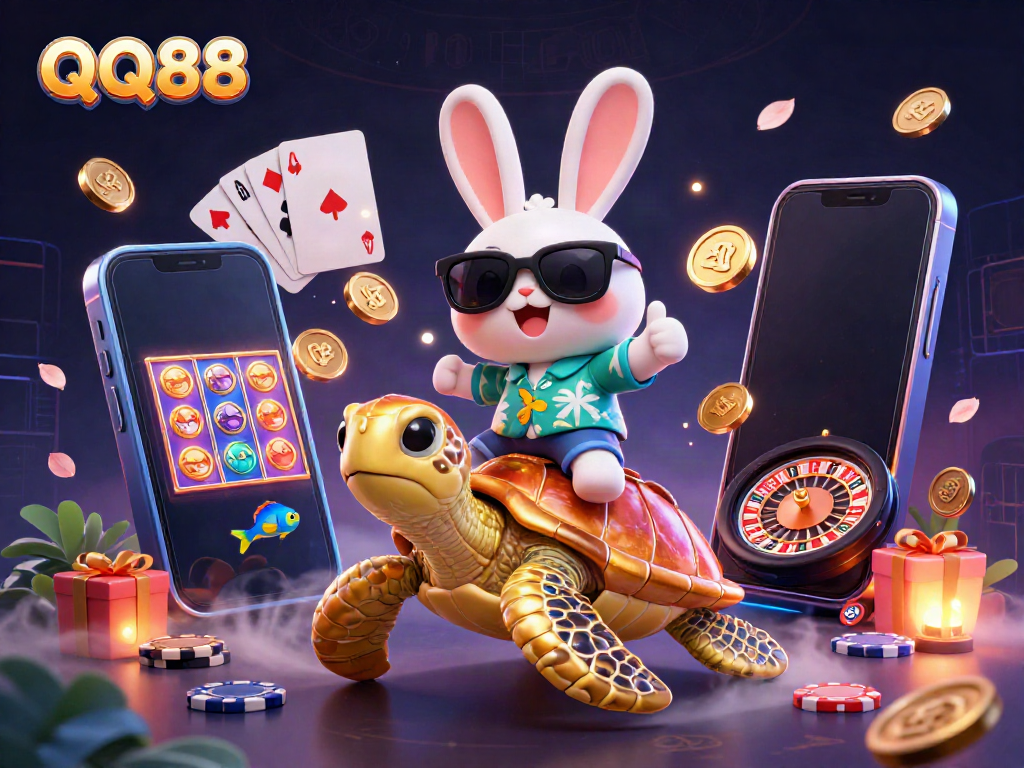 Experience QQ88's vibrant casino atmosphere with a lucky rabbit and golden sea turtle amidst casino games.
