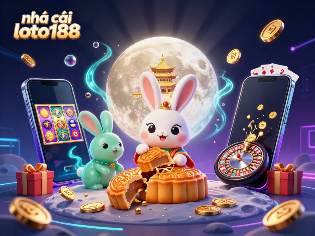 Experience the excitement of nhà cái loto188 with a vibrant 3D casino scene featuring a moon rabbit and gaming elements.