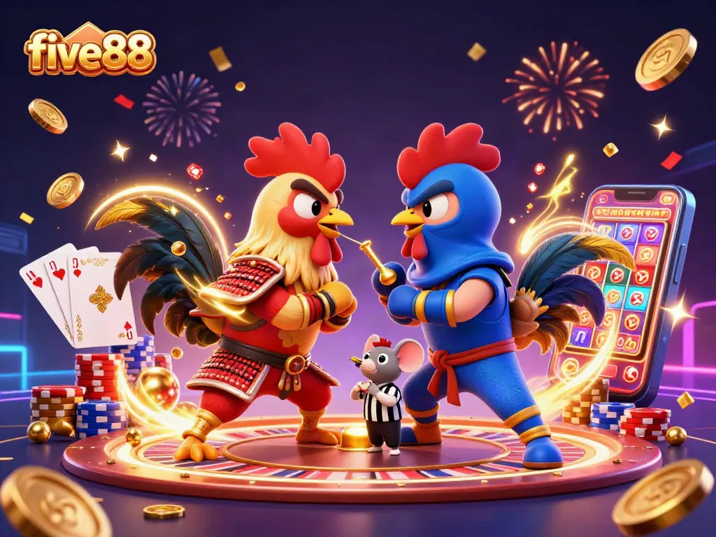 Engage in thrilling action at five88 with dynamic fighting roosters and shimmering casino elements.