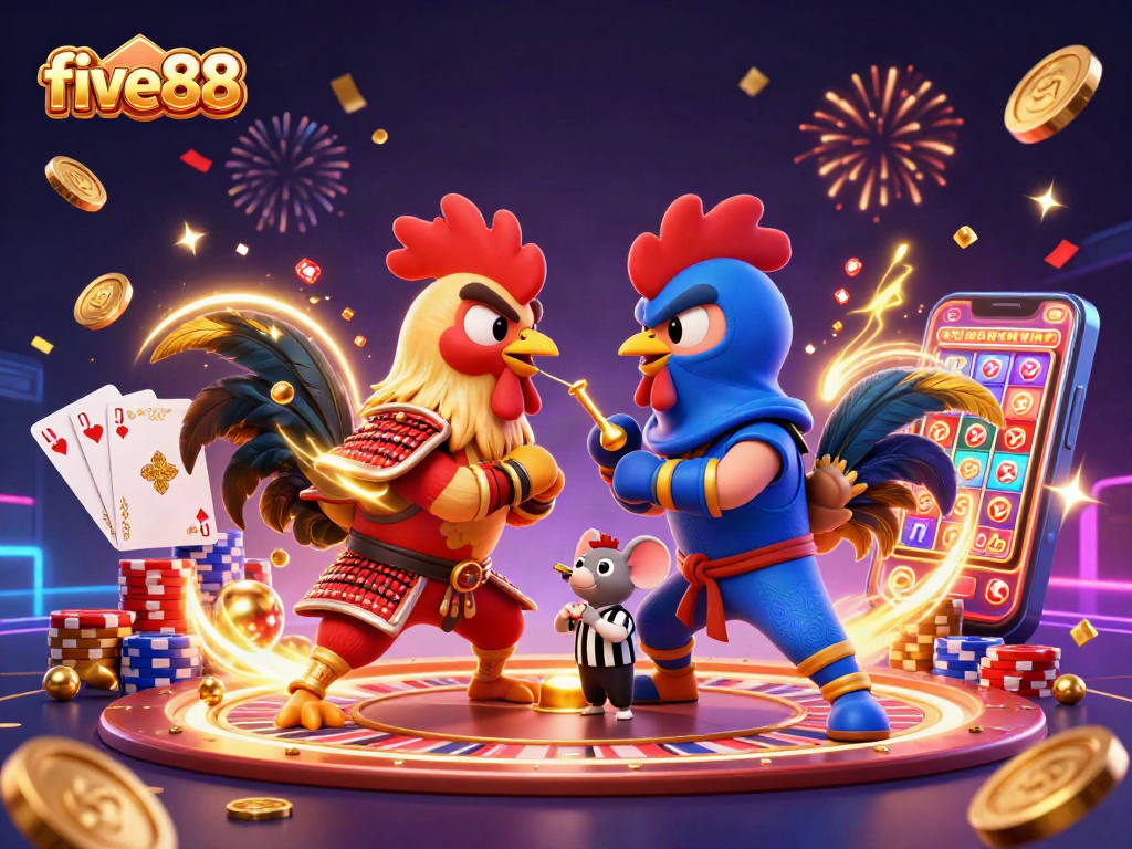 Engage in thrilling action at five88 with dynamic fighting roosters and shimmering casino elements.