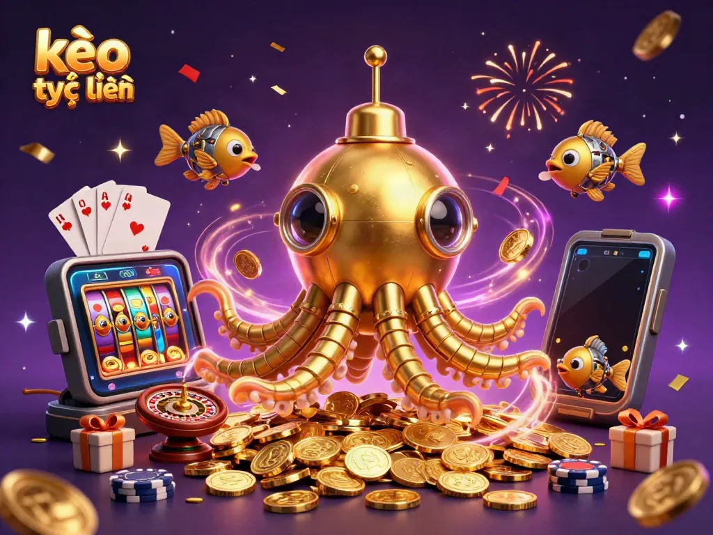 Experience kèo trực tuyến with vibrant illustrations of a kraken submarine amidst casino game elements