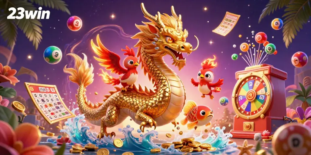Experience thrilling 23win gaming with a mythical dragon, phoenix, and a koi fish amid colorful lottery elements.
