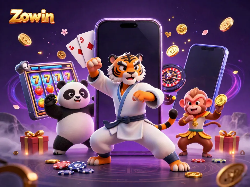 Zowin game illustration featuring a kung fu tiger master with playful elements for an immersive casino experience.
