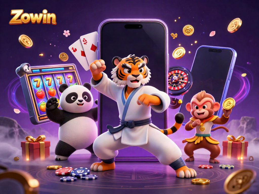 Zowin game illustration featuring a kung fu tiger master with playful elements for an immersive casino experience.